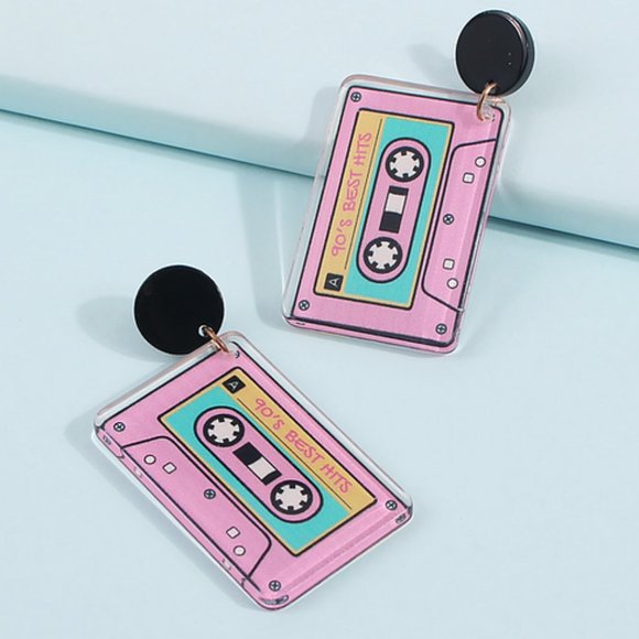 Pink Retro Pink Cassette Tape Earrings EIGHTIES PUNK NEW WAVE FUNKY FUN Party - Picture 3 of 3